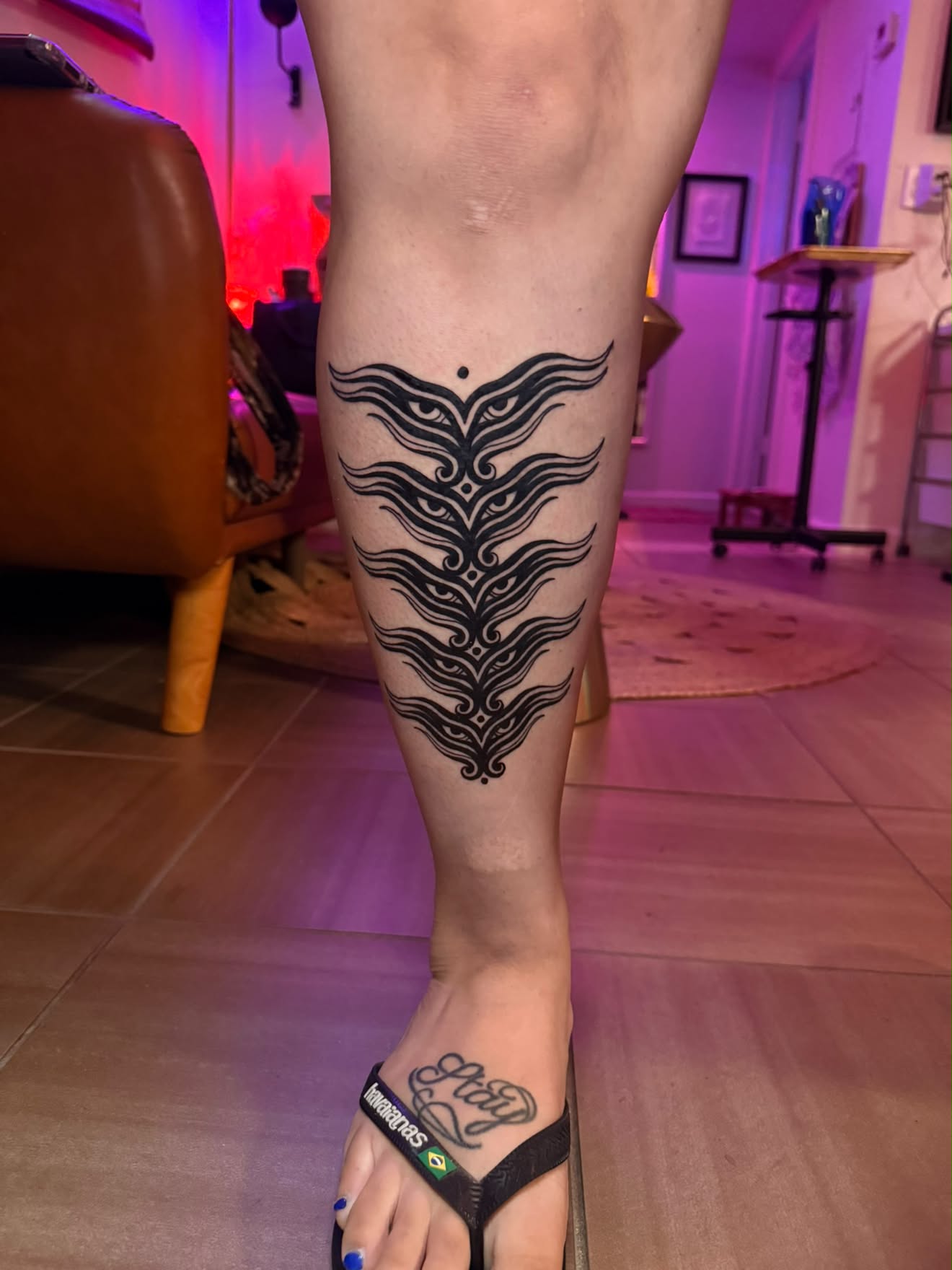 Calf by Jenna, bold ornamental black work