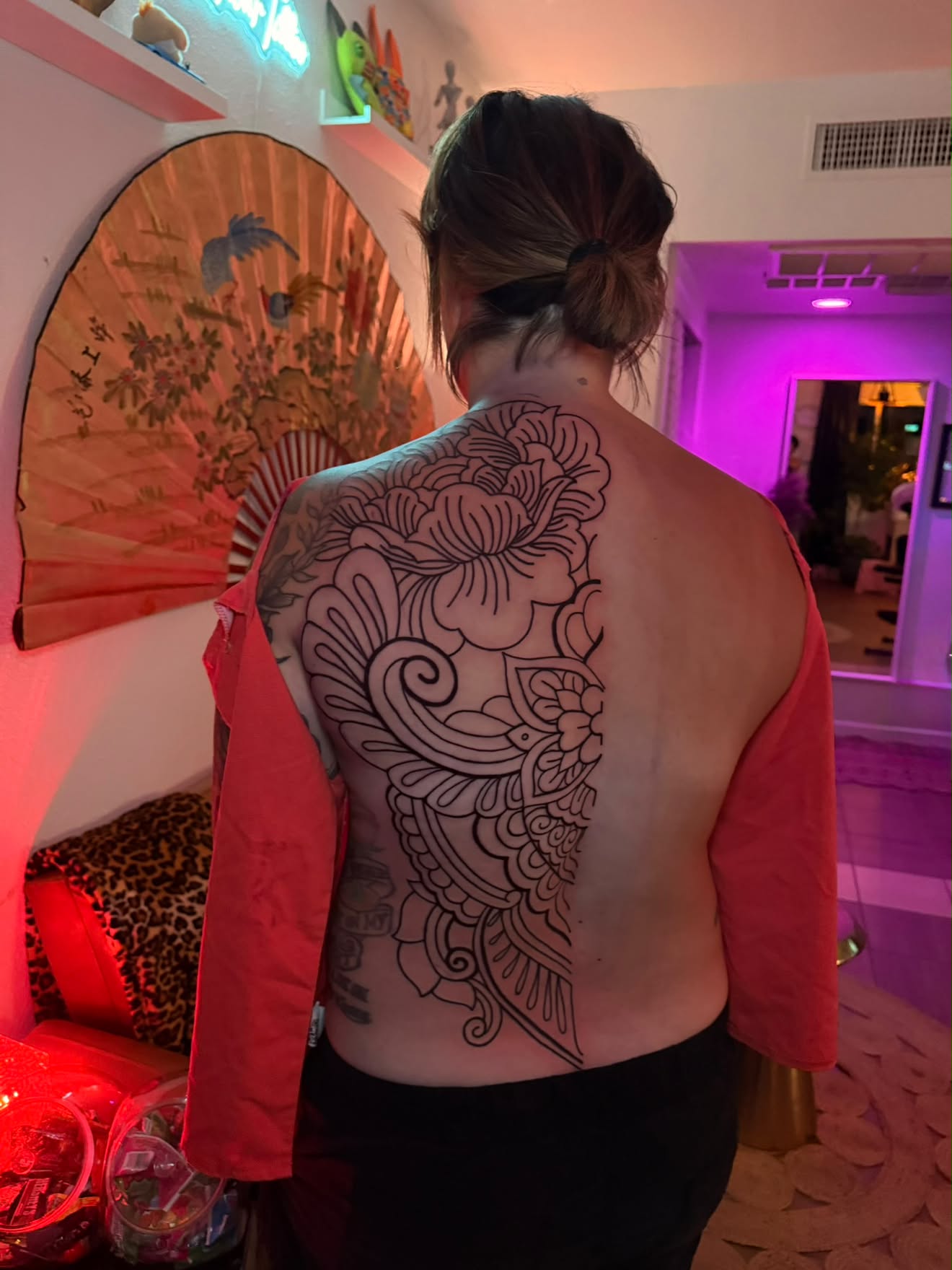 Back piece by Jenna, ornamental floral linework in progress