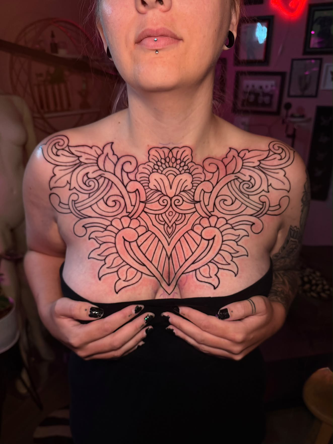 Chest piece by Jenna, ornamental filigree linework