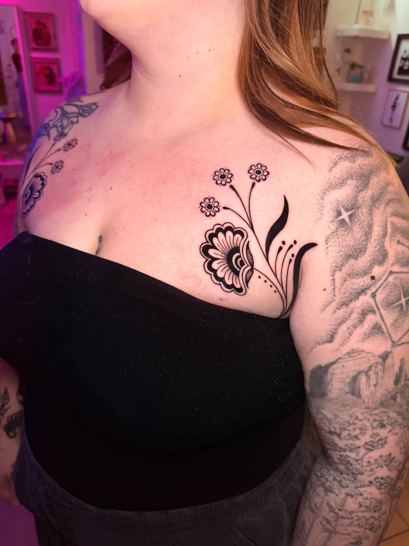 Chest and shoulder by Jenna, bold folk floral