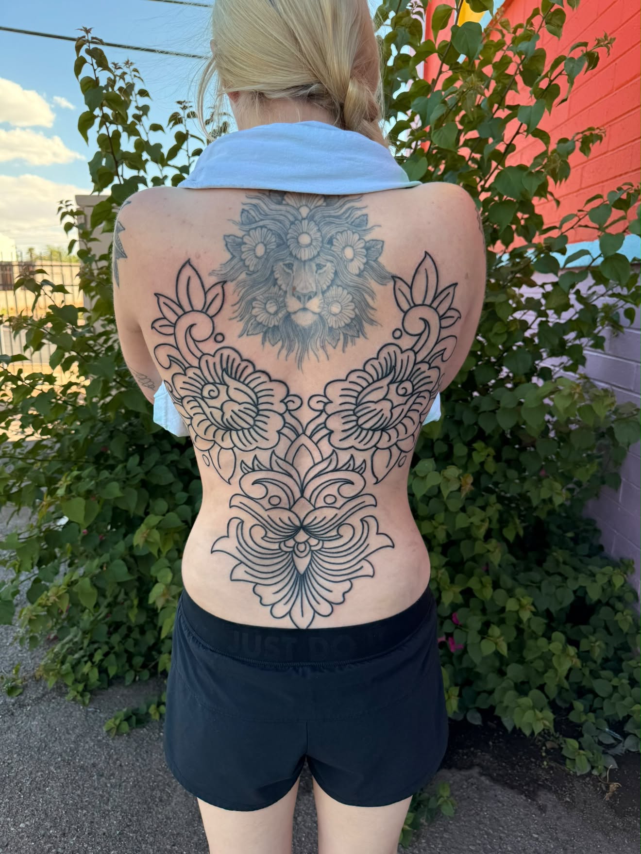 Back piece by Jenna, floral ornamental linework in progress