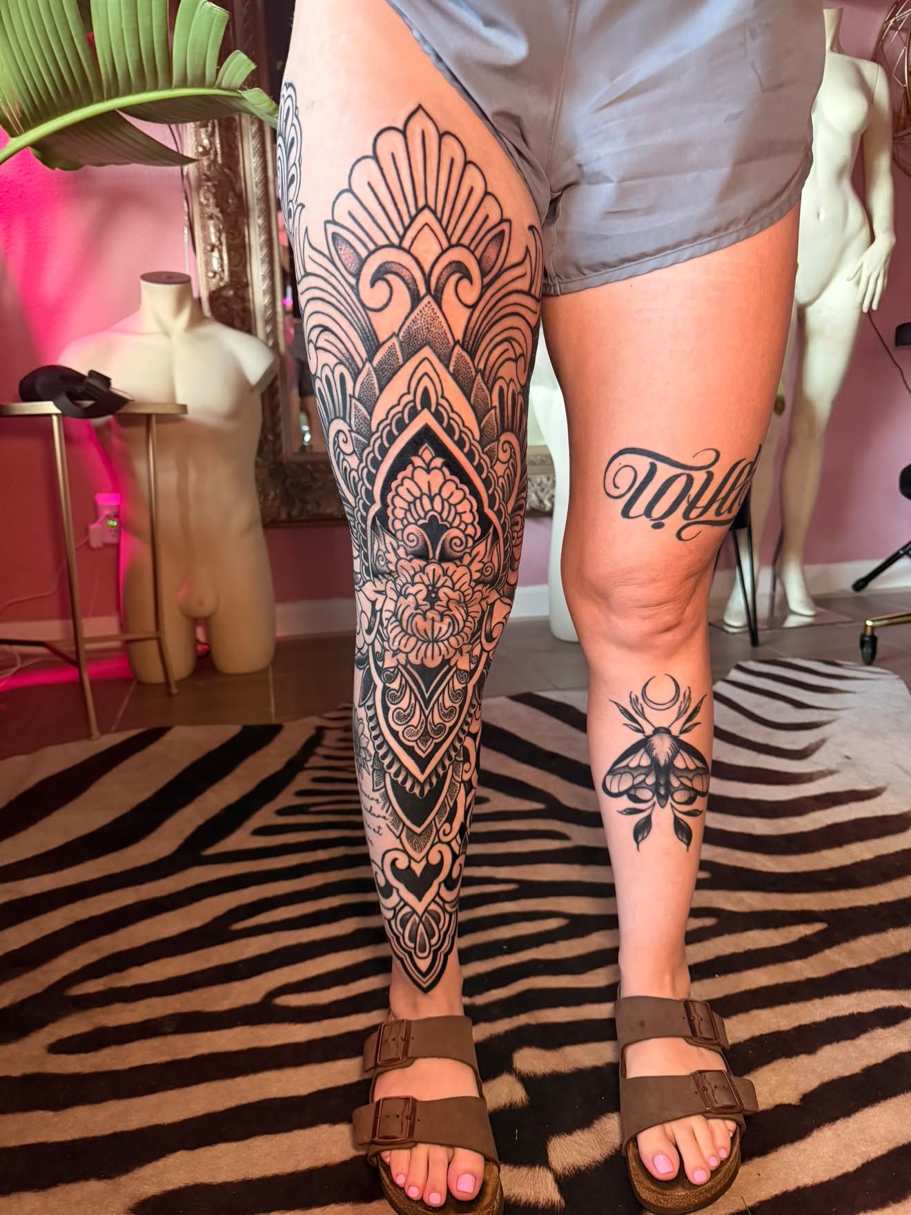 Full leg by Jenna, ornamental black work