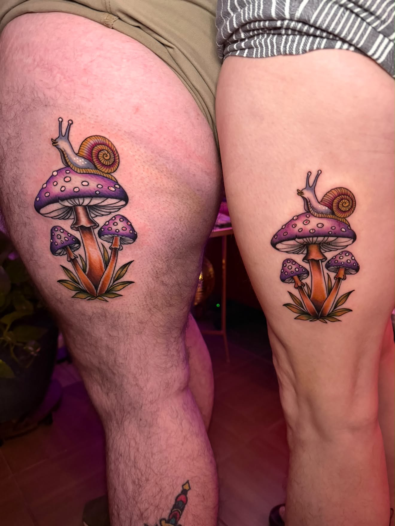 Matching mushroom and snail pieces by Jenna in color
