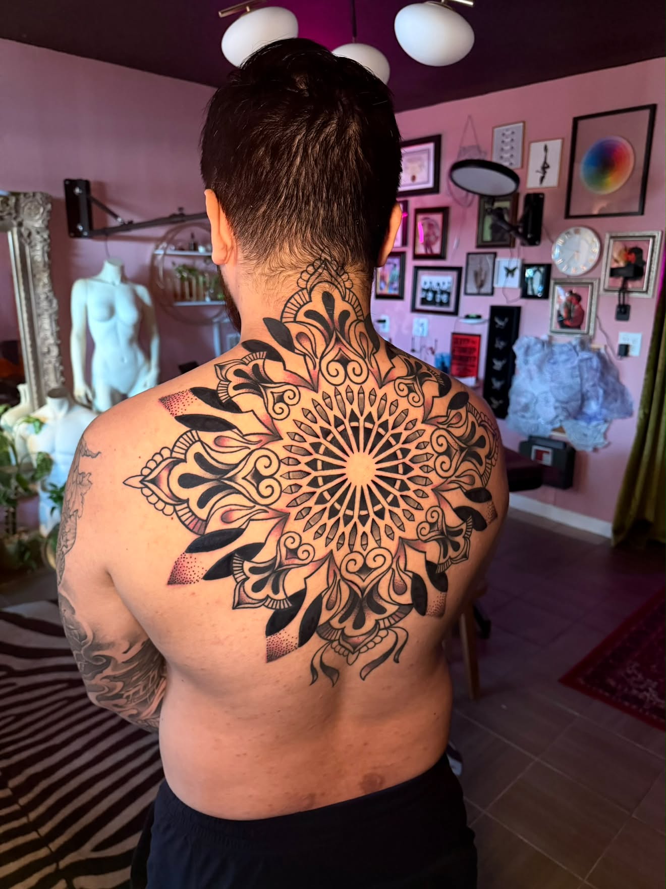 Upper back by Jenna, mandala in black and grey