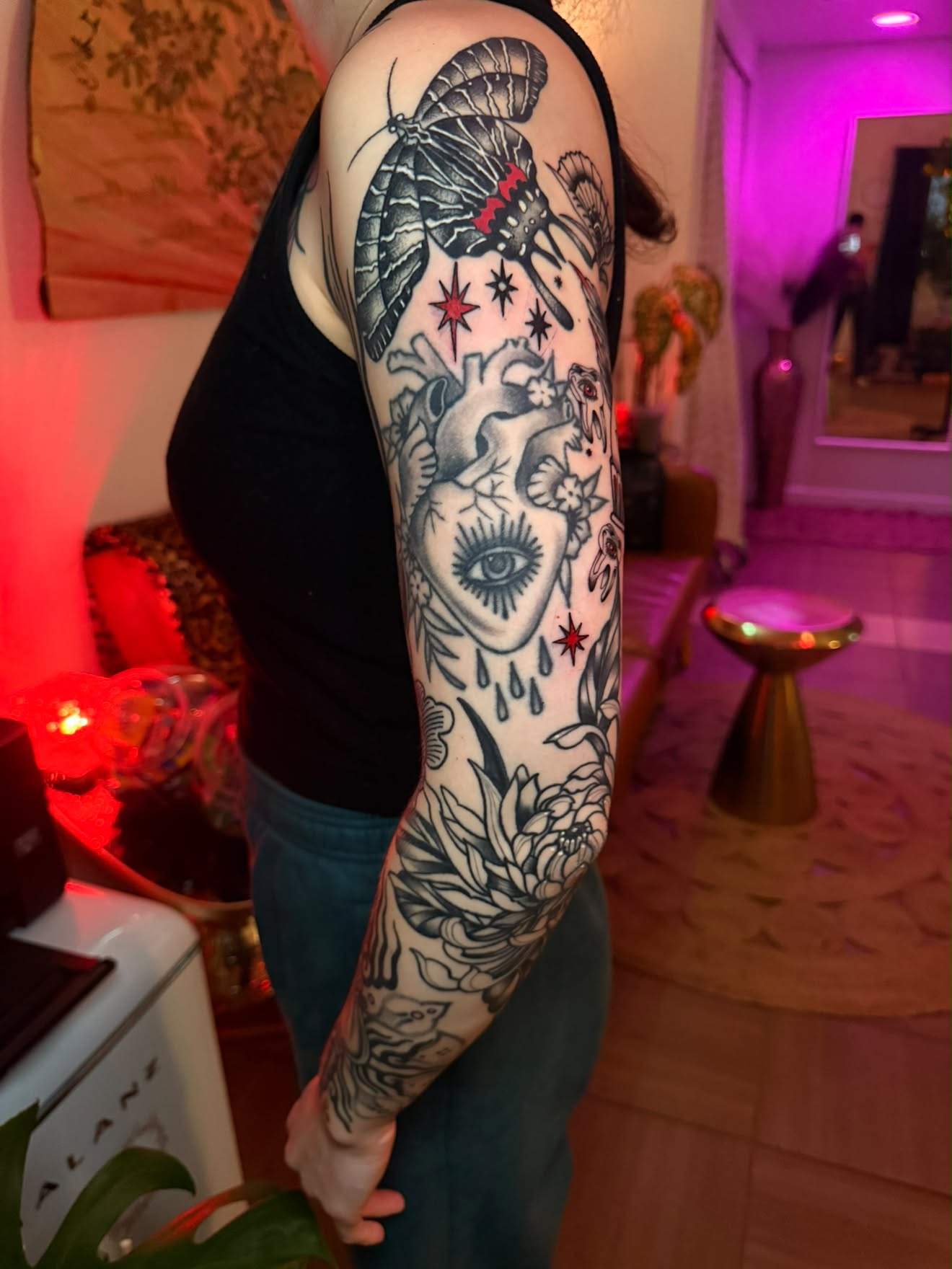Sleeve by Jenna, traditional heart and moth in black and grey