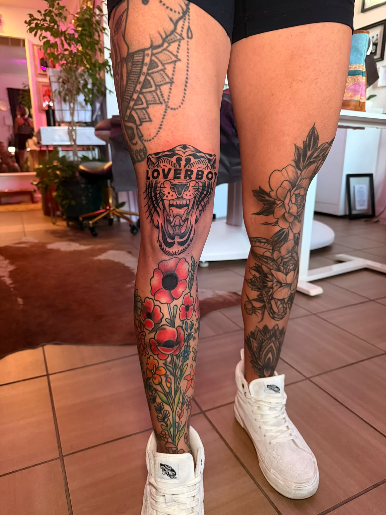 Legs by Jenna, traditional tiger and poppies in color