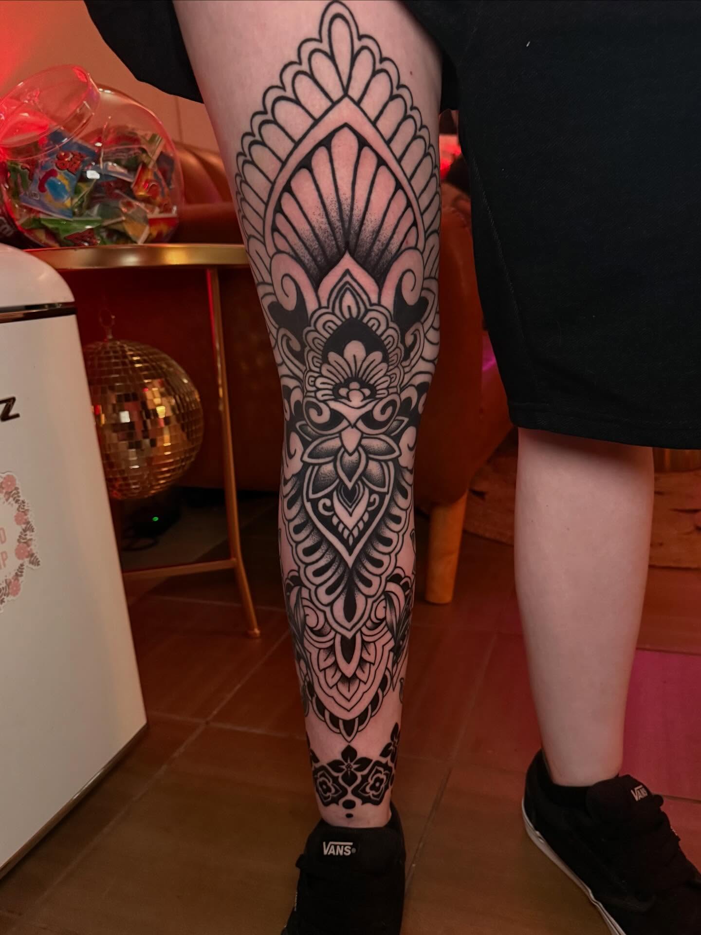 Healed ornamental black work leg sleeve by Jenna in Phoenix