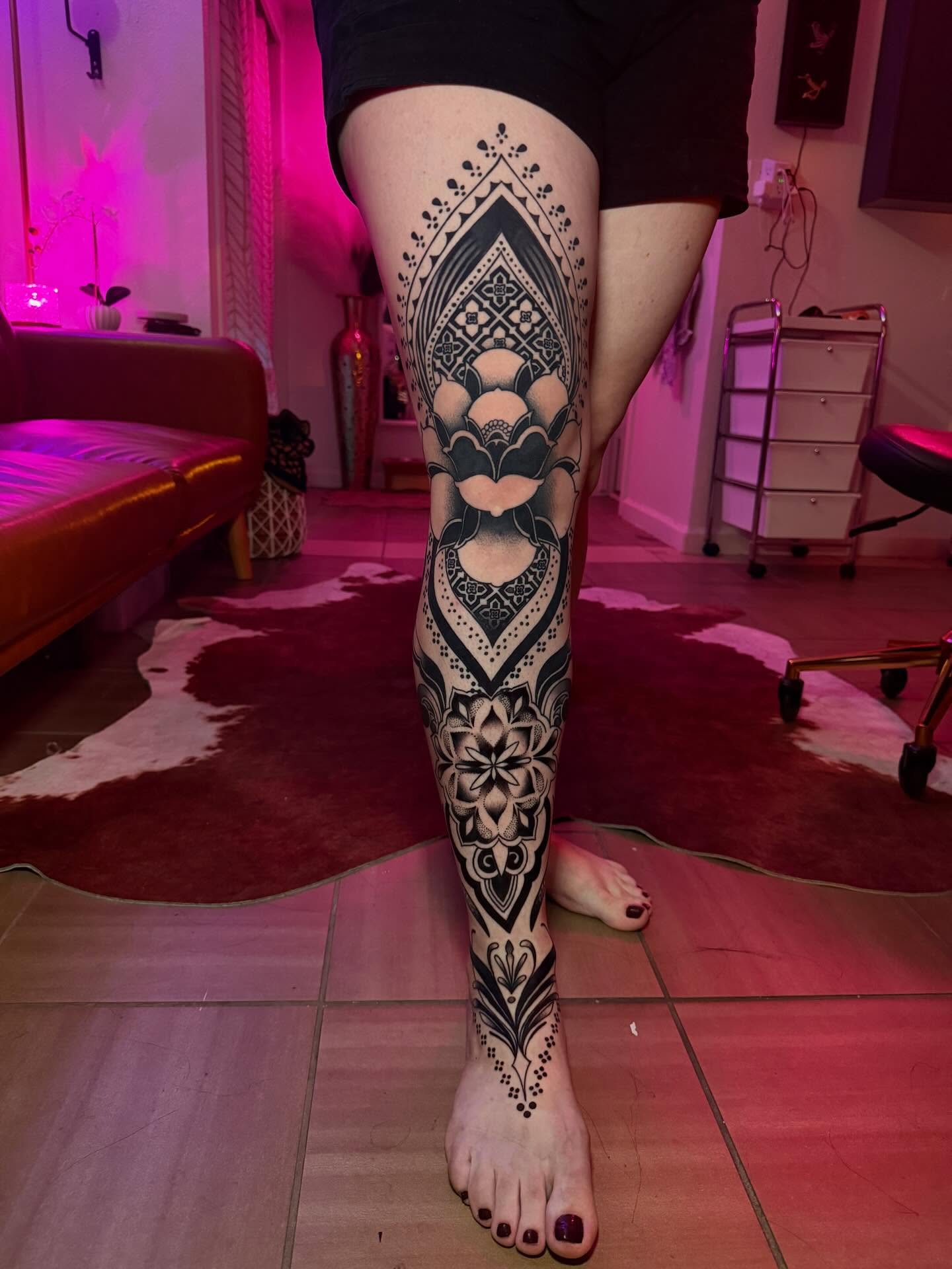 Full leg ornamental mandala tattoo project by Jenna
