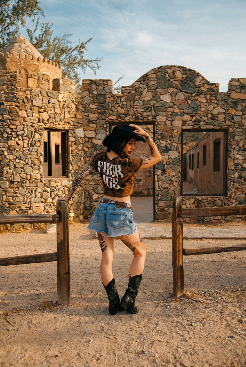 Model wearing a bleach dyed cropped tee with a FUCK ICE print, photographed outdoors